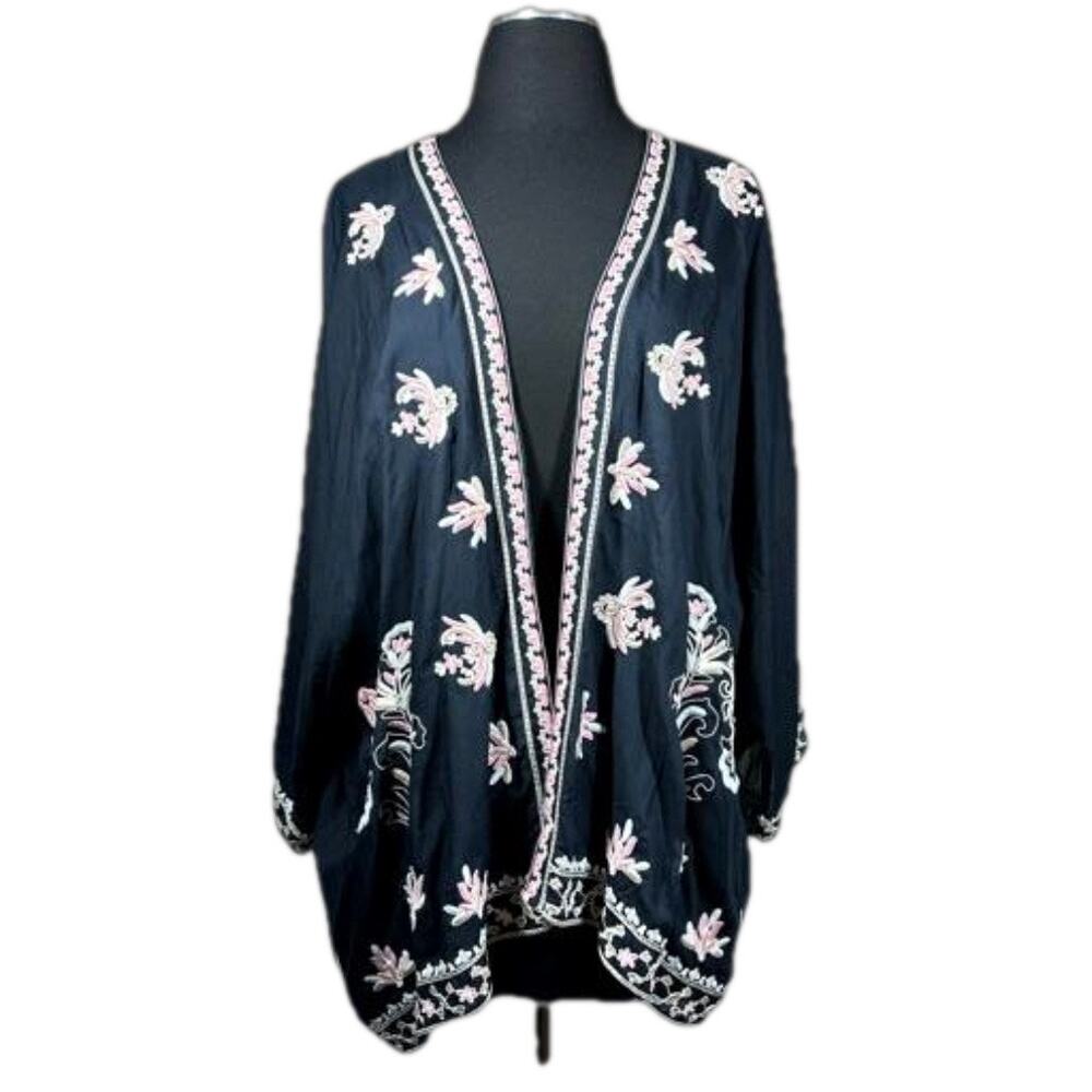 J. Jill Open Front Kimono Cardigan Cover Navy Blue Embroidered One Sz S-L Boho